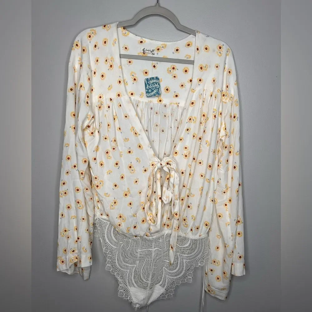 Free People Forties Feels Cream Printed Bodysuit NWT
